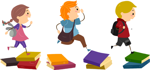 colorful clip art picture of three children running on top of books